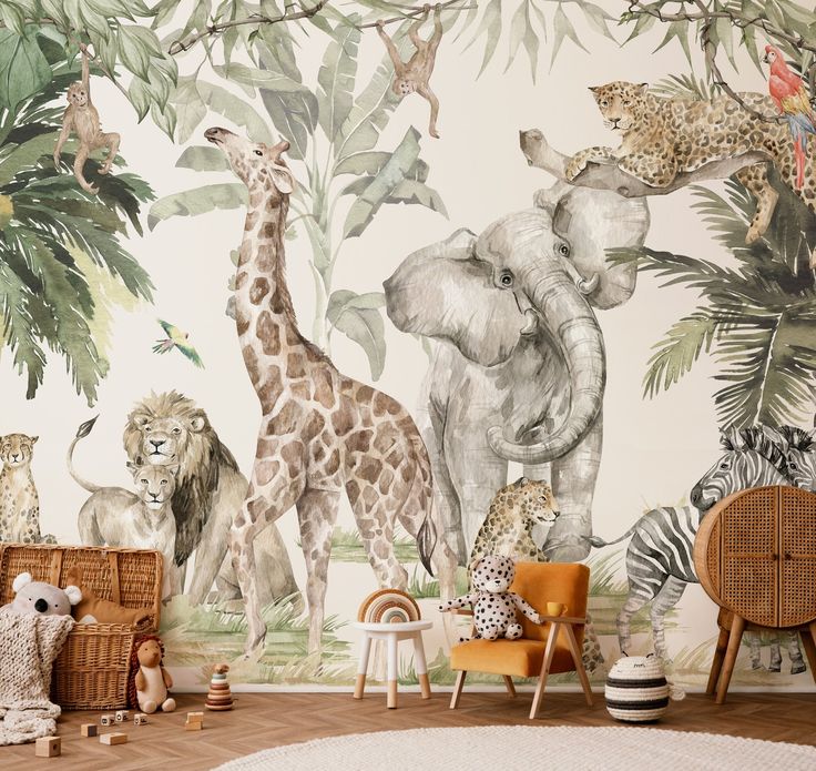 an animal themed children's room with jungle wallpaper