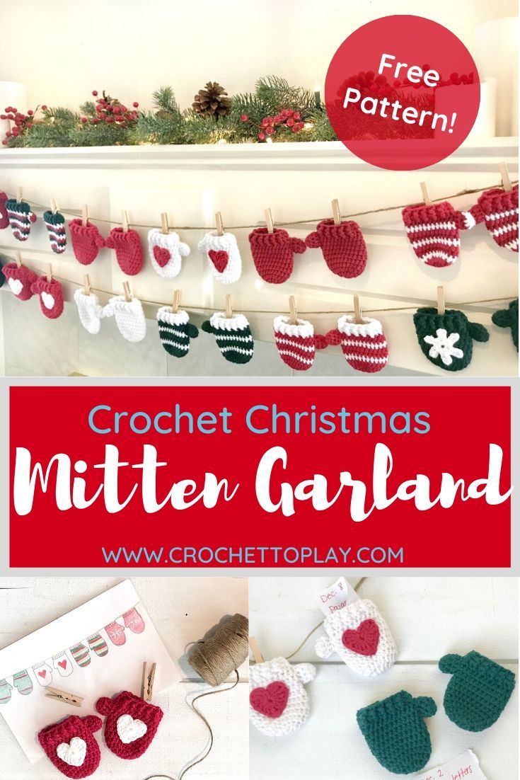 crochet christmas mitten garland with free pattern and instructions on how to make it