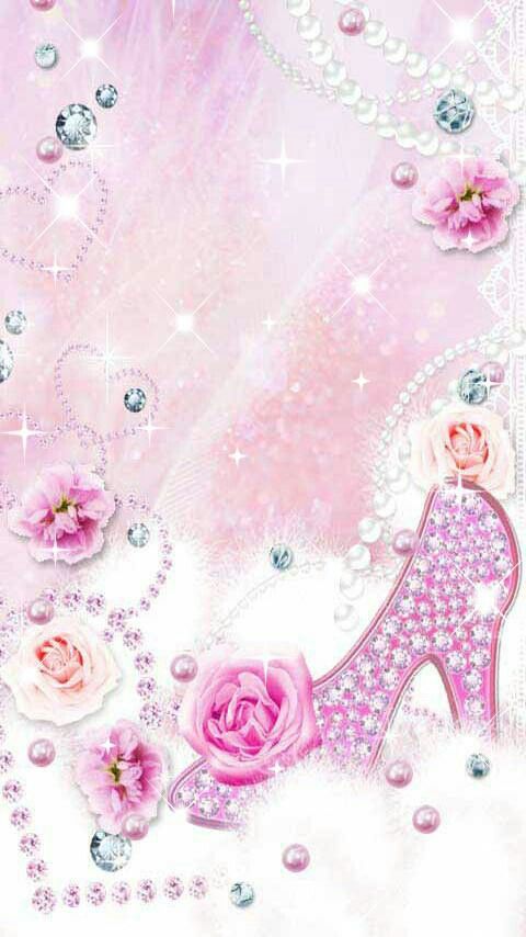 a pink wallpaper with roses, pearls and diamonds in the shape of a shoe