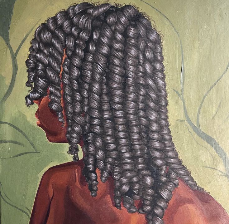 a painting of a woman's back with long, curly hair on her head