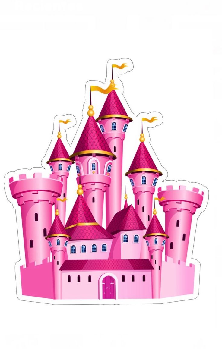 a pink castle with turrets and flags on it