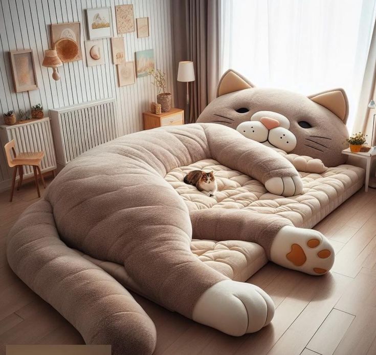 a cat laying on top of a bed in the middle of a room