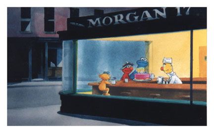 the simpsons characters are sitting at a table in front of a store window that says morgan it