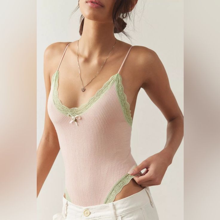 Brand New Pink Feminine Bodysuit For Summer, Feminine Pink Bodysuit For Summer, Feminine Pink Sleeveless Bodysuit, Feminine Sleeveless Pink Bodysuit, Summer Sleeveless Bodysuit With Lace Trim, Sleeveless Summer Bodysuit With Lace Trim, Sleeveless Lace Trim Bodysuit For Summer, Spring Feminine Beach Bodysuit, Pink Bodysuit For Summer Loungewear