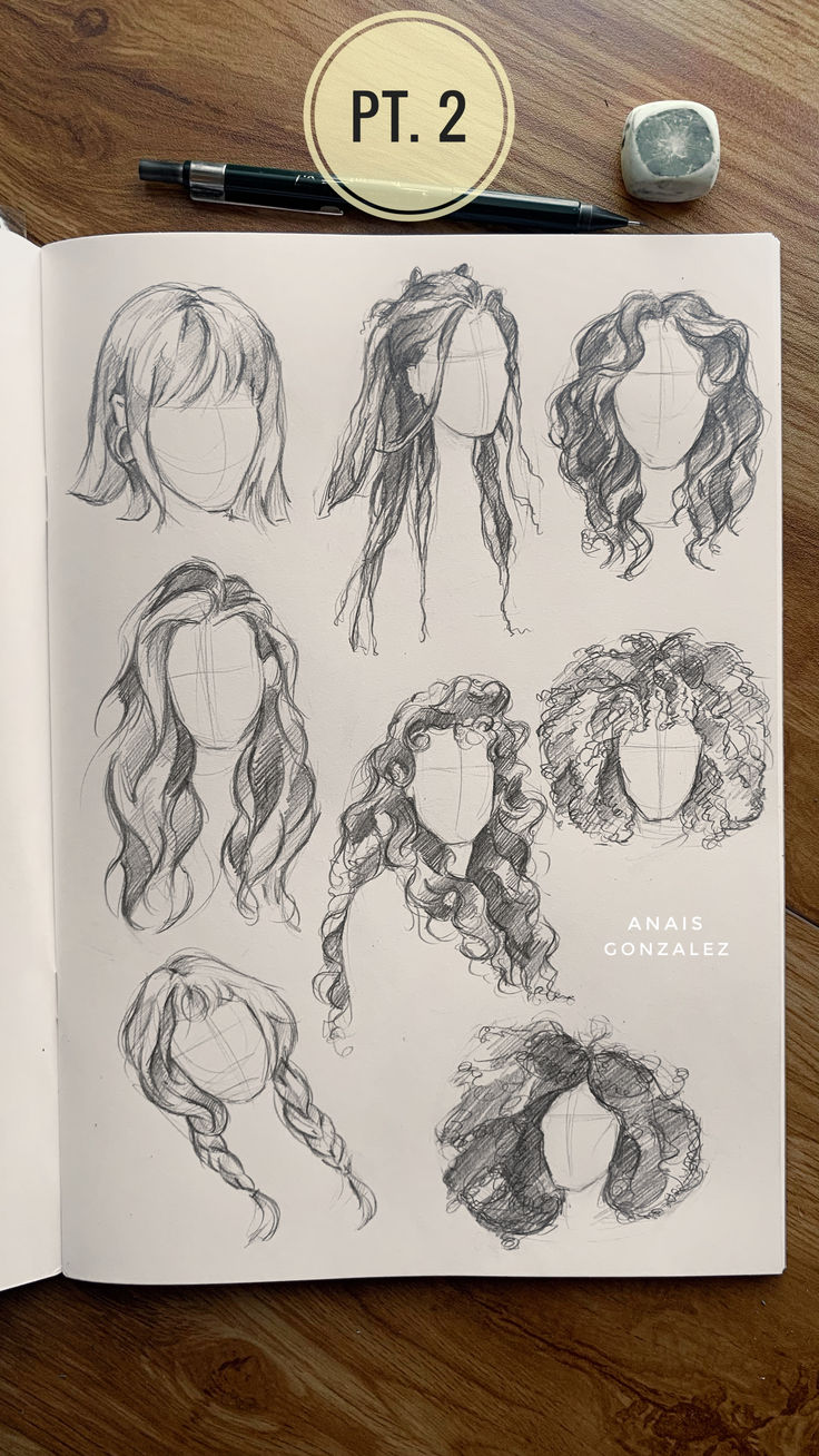 an open book with drawings of different hair styles on top of it and the title pt 2 written below