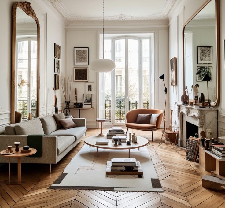 a living room filled with furniture and mirrors