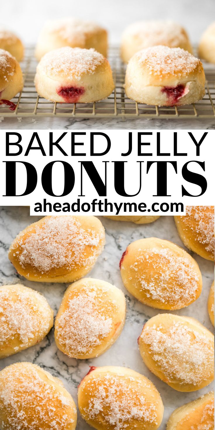 baked jelly donuts with powdered sugar on top and below the words, baked jelly donuts