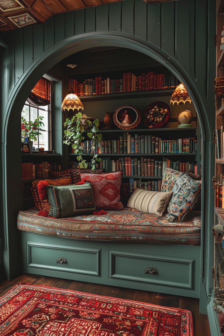 home library inspo, home library ideas, moody library Sunroom Library Cozy, Creating Library At Home, Green And Gold Library Room, Tolkien Inspired Home, Pretty Home Library, Home Green Decor, Book Garden Decor, Small At Home Library, Forest Green Library