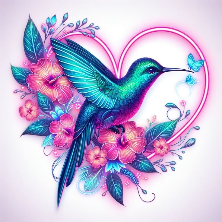 a hummingbird with flowers and butterflies in the shape of a heart