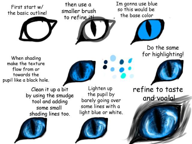 how to draw cat's eyes with blue and black tips on the bottom right side