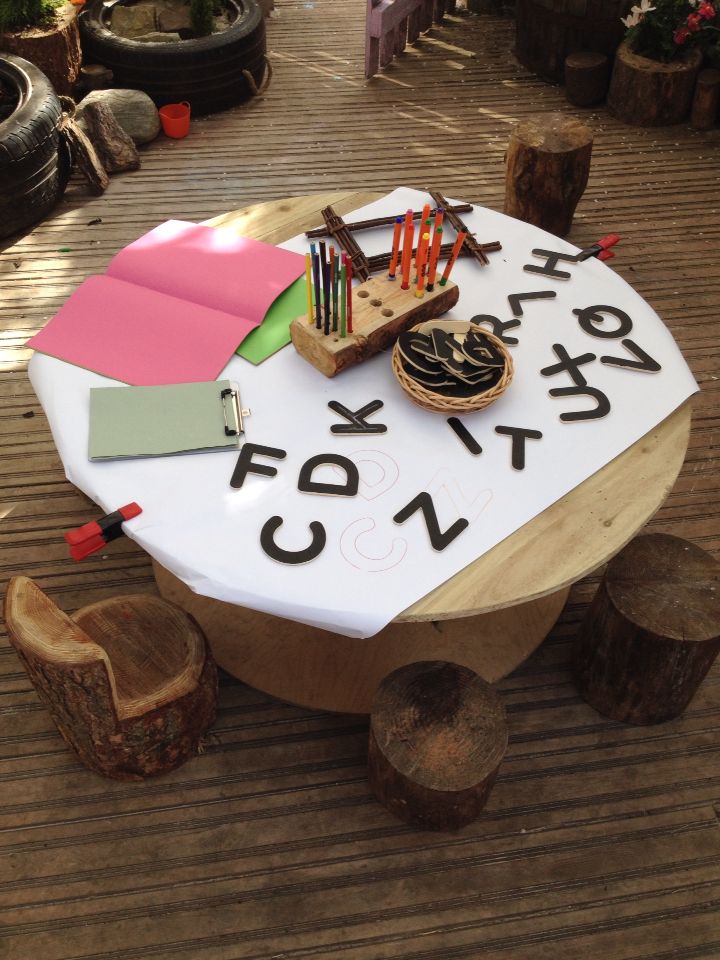 a wooden table topped with lots of different types of decorations and writing on top of it