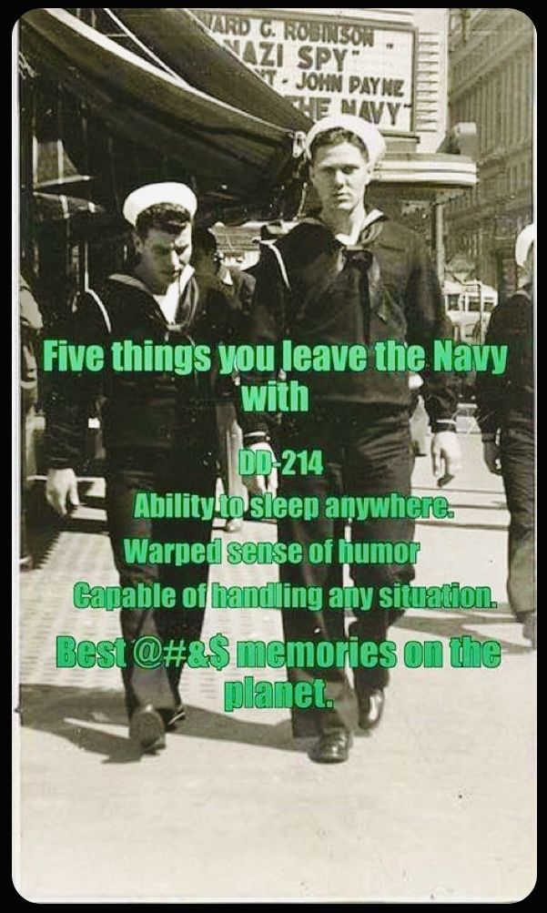 two men walking down the street in front of a sign that says five things you leave the navy with