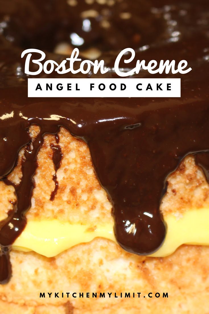 boston creme angel food cake with chocolate sauce drizzled over it and the words, boston creme angel food cake