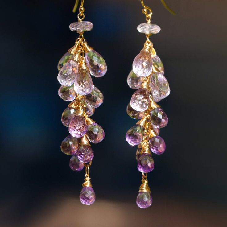 Pink Amethyst Earrings SOLID GOLD 14K Amethyst Long Earrings Cluster Earrings Gold Cascade Earring Bridal Statement Earrings Light Purple (26150 - 2) Luxury Amethyst Teardrop Earrings, Purple Briolette Fine Jewelry Earrings, Elegant Amethyst Chandelier Earrings For Gift, Lavender Gemstone Earrings Fine Jewelry, Amethyst Drop Earrings Fine Jewelry, Fine Jewelry Amethyst Drop Earrings, Purple Briolette Earrings For Wedding, Elegant Gold Chandelier Earrings With Amethyst, Elegant Gold Amethyst Chandelier Earrings