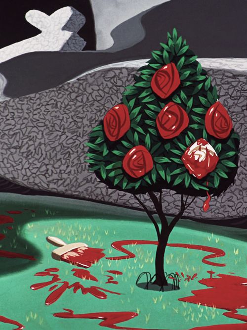 a painting of a tree with red roses on it in the middle of a field