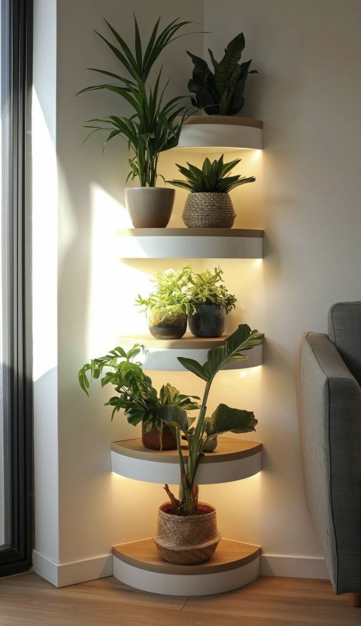 some plants are sitting on shelves in the corner