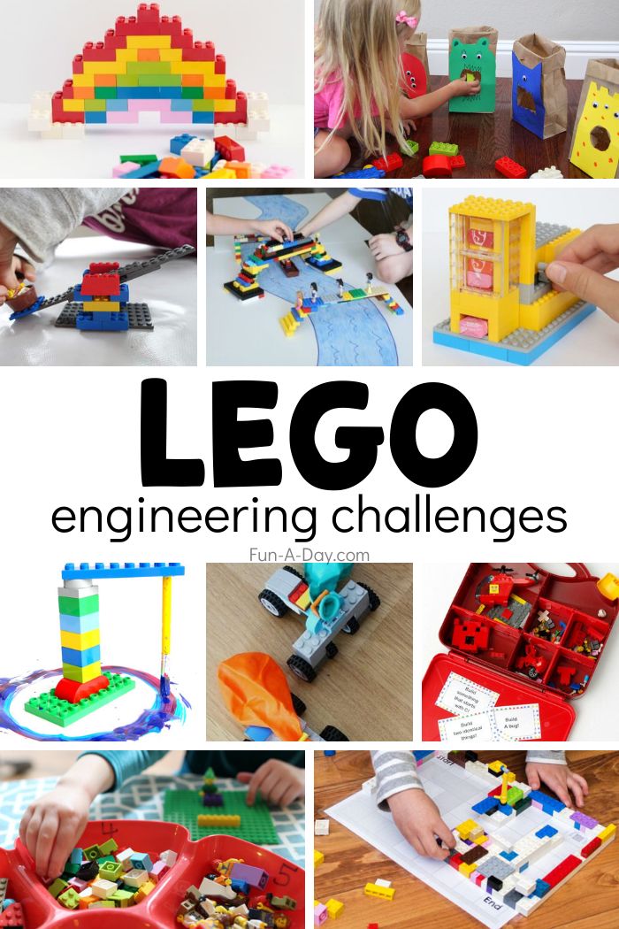 a collage of lego engineering challenges