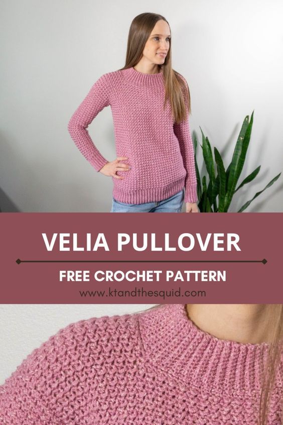 a woman standing in front of a plant wearing a pink sweater with the words, velia pullover free crochet pattern