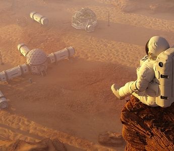 an astronaut sitting on top of a rock in the middle of desert with other space shuttles