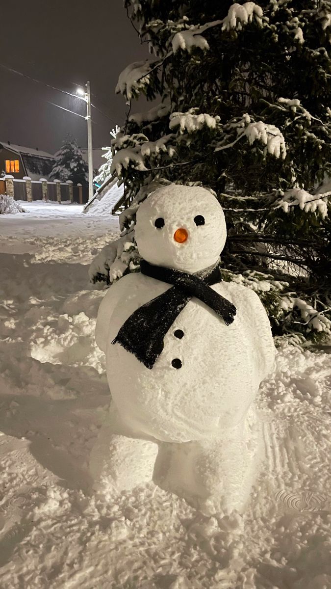 a snowman is standing in the snow next to a tree