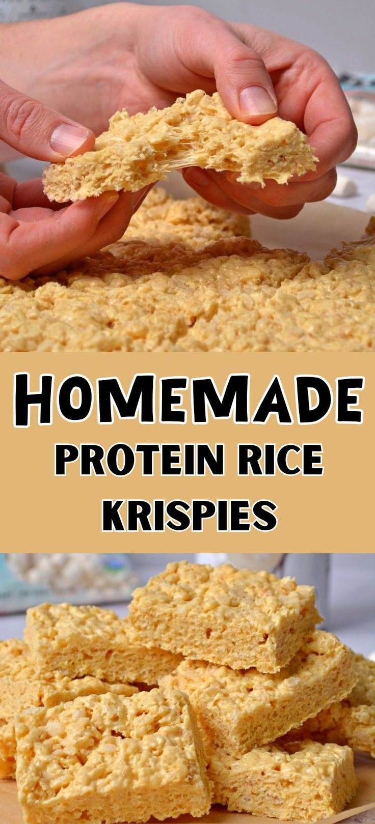 homemade protein rice krispies are stacked on top of each other and ready to be eaten