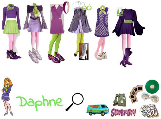 there are many clothes and shoes on display with the name daphne below them