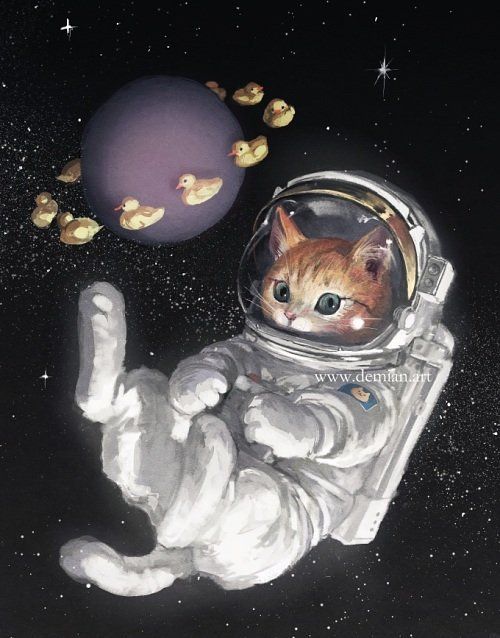 a cat in an astronaut's spacesuit with nuts flying around him and the space behind it