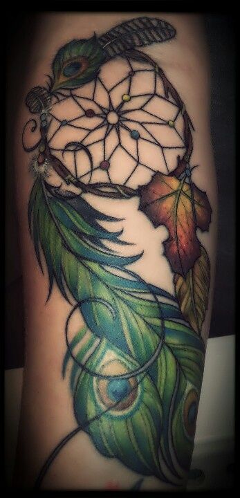 a tattoo with a bird and a dream catcher on it