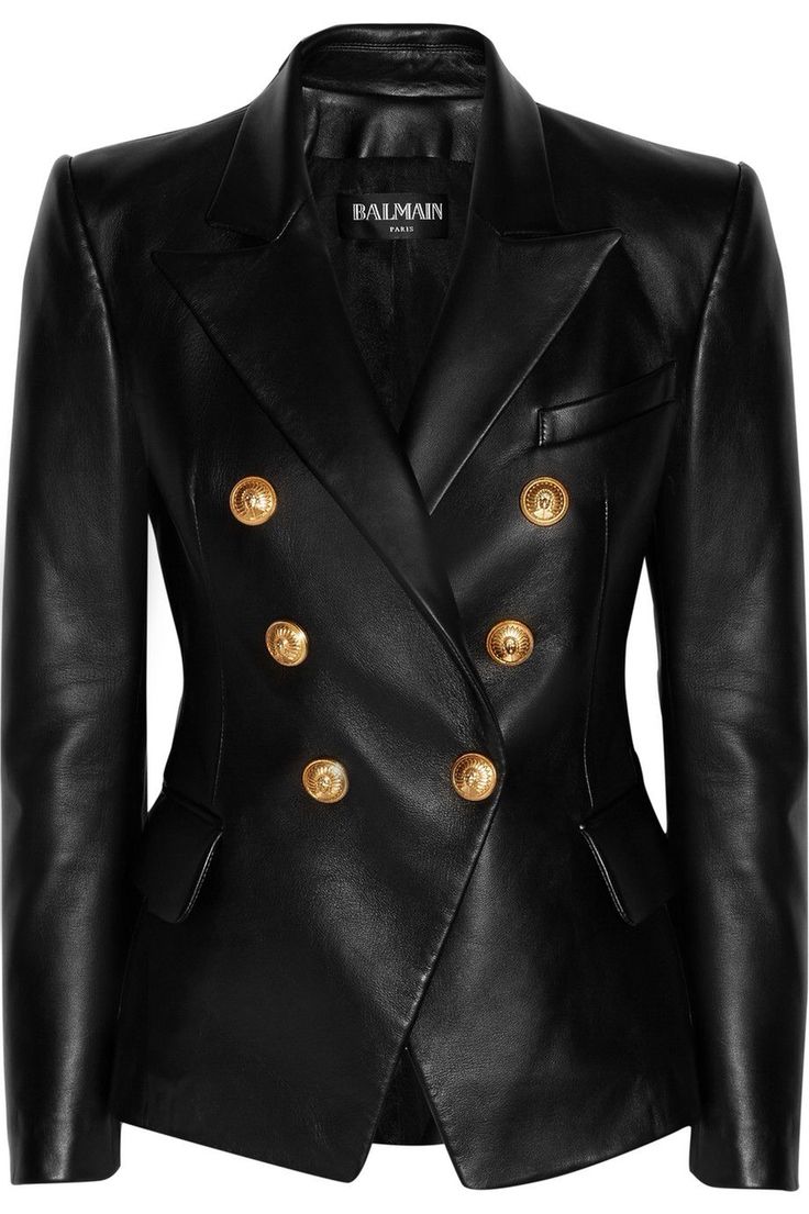 Balmain Blazer, Kim K Style, Leather Blazer Jacket, Kardashian Kollection, Long Sleeve Blazers, Leather Blazer, Mode Vintage, Leather Jackets Women, Gold Buttons