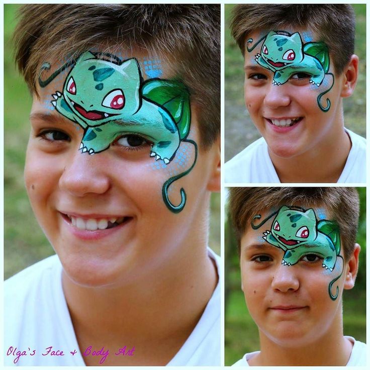 How cute is #bulbasaur! I couldn't resist and painted him too! Now would you… Pokemon Face Paint, Pokemon Facepaint, Pokemon Makeup, Mime Face Paint, Pokemon Faces, Face Painting For Boys, Face Painting Tutorials, Face Painting Easy, Kids Face Paint