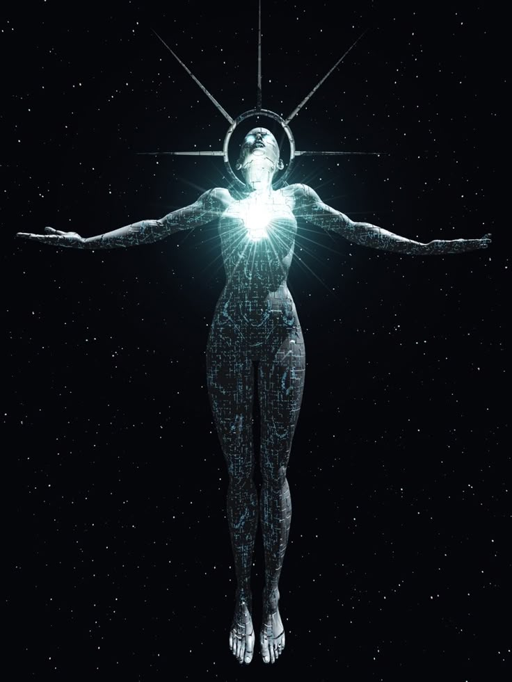 a woman with her arms outstretched in the air, surrounded by stars and shining light