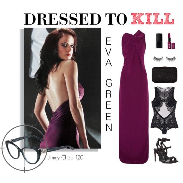 a woman in a purple dress and accessories including eyeglasses, lipstick, bra