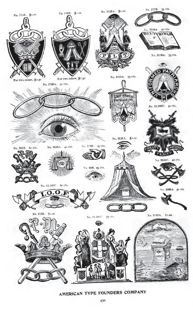 an image of various badges and emblems on a white sheet with the words american type founder's company