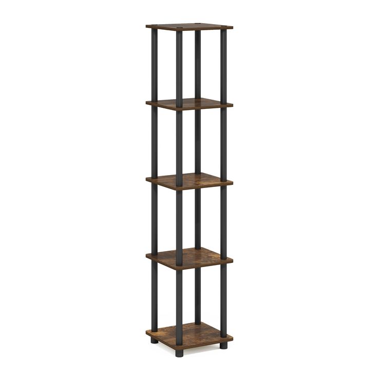 a tall wooden shelf with four shelves on each side and two black metal poles in the middle