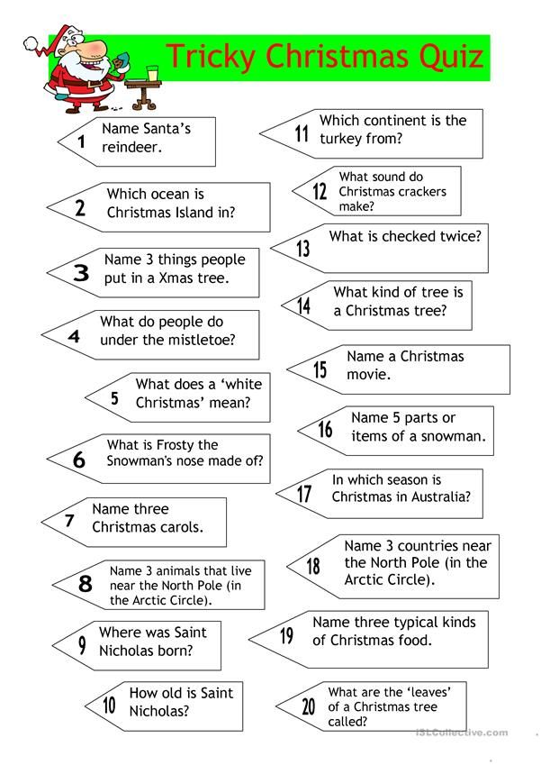 the christmas quiz is shown in green and white, with santa's list on it