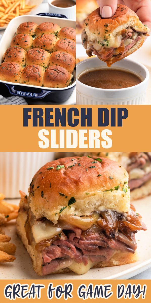 three photos of roast beef sliders: one in a baking dish, one being dipped into a cup of jus, and one on a plate. Text reads "French dip sliders" and "great for game day!" Sandwich Buffet, French Dip Sliders, Tender Roast Beef, Sandwhich Recipes, Fast Dinner Recipes, French Dip, Fast Dinners, Football Food, Ultimate Comfort Food