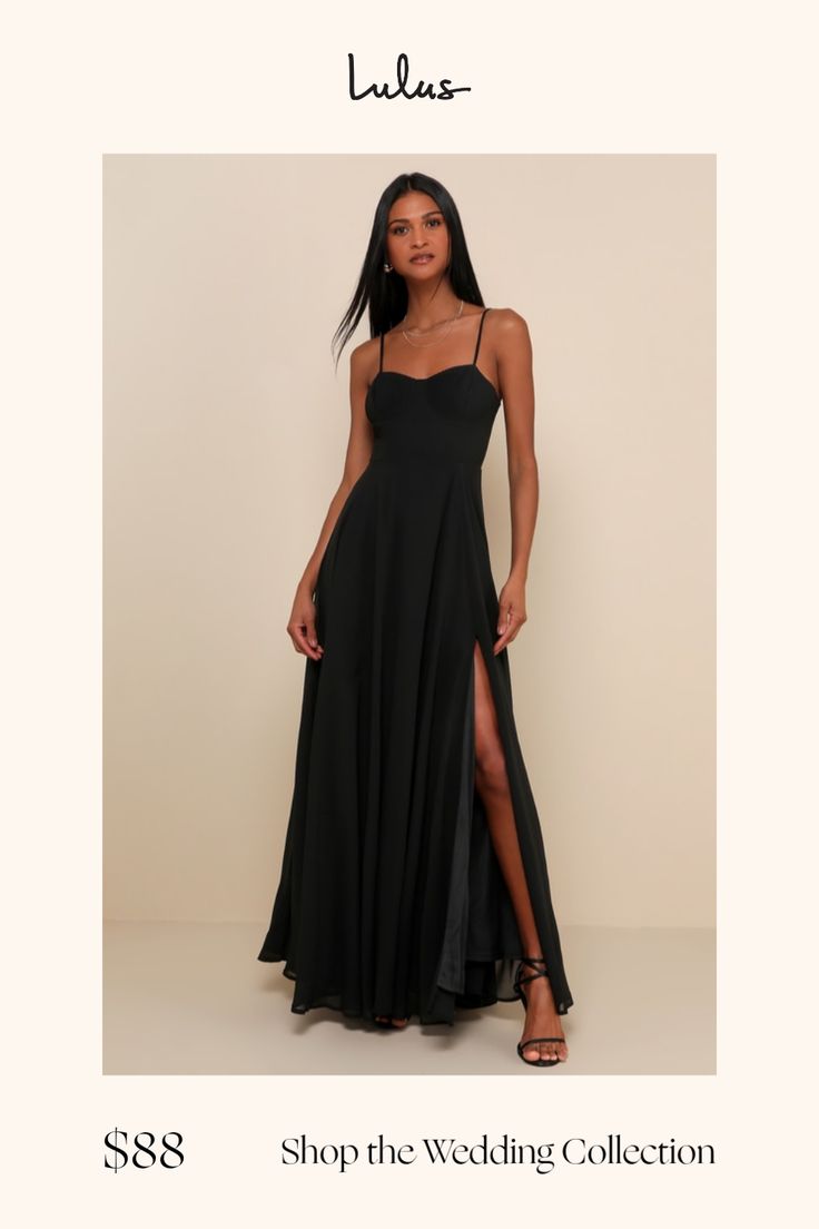 Turn heads as you take on the night in the Lulus Cause for Commotion Black Pleated Bustier Maxi Dress! Lightweight, lightly textured woven chiffon falls from adjustable spaghetti straps, into a sexy bustier bodice, with pintuck pleated cups, and sweetheart neckline, and hidden no-slip strips along the sides and back. Fitted waist flows into a full maxi skirt with a sultry thigh-high side slit. Hidden back zipper. Fit: This garment fits true to size. Length: Floor length. Size medium measures 61" Black Wedding Guest Dress, Pleated Bustier, Black Wedding Guest, Black Wedding Guest Dresses, Light Pink Bridesmaid Dresses, Pink Bridesmaid Dress, Full Maxi Skirt, Casual Formal Dresses, Formal Dresses Gowns