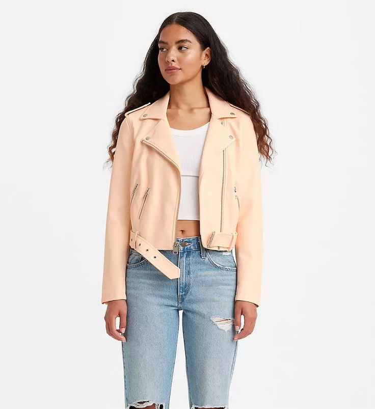 Belted Faux Leather Moto Jacket - Pink | Levi's® US Levi's Long Sleeve Leather Jacket For Fall, Levi's Outerwear With Zipper Closure For Fall, Levi's Fall Outerwear With Zipper Closure, Spring Moto Outerwear With Zipper Closure, Levi's Leather Jacket For Fall, Moto Style Outerwear With Zipper Closure For Spring, Moto Style Outerwear With Zipper For Spring, Levi's Biker Jacket For Fall, Levi's Spring Outerwear With Zipper Closure