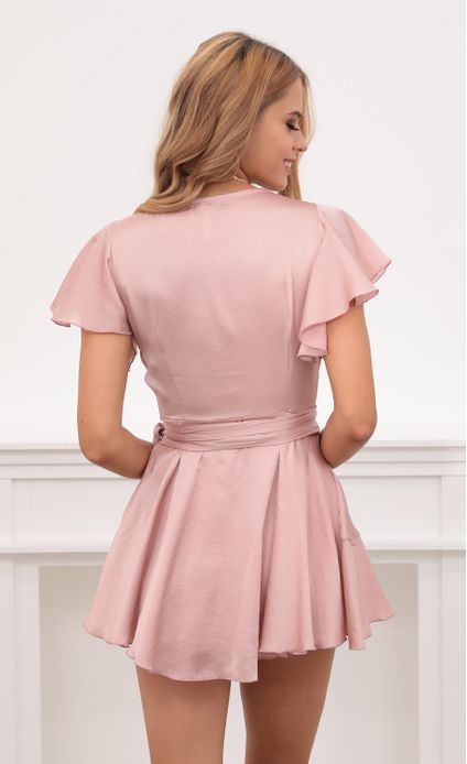 Party dresses > Eliza Wrap Dress in Blush Satin Flowy Feminine Party Mini Dress, Flowy Feminine Mini Dress For Party, Feminine Flowy Mini Dress For Party, Spring Satin Dresses, Summer Satin Dress For Date Night, Chic Satin Prom Dress For Spring, Elegant Flowy Mini Dress For Prom, Chic Spring Satin Prom Dress, Chic Satin Dress For Spring Prom