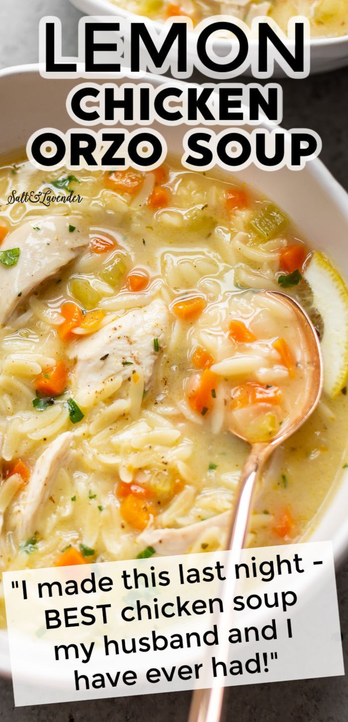 the recipe for lemon chicken orzo soup is shown