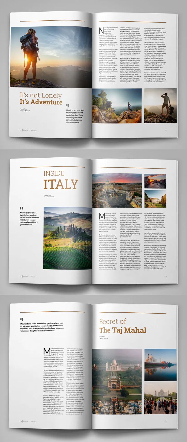 an open magazine is shown in three different colors and font styles, with the title italy on