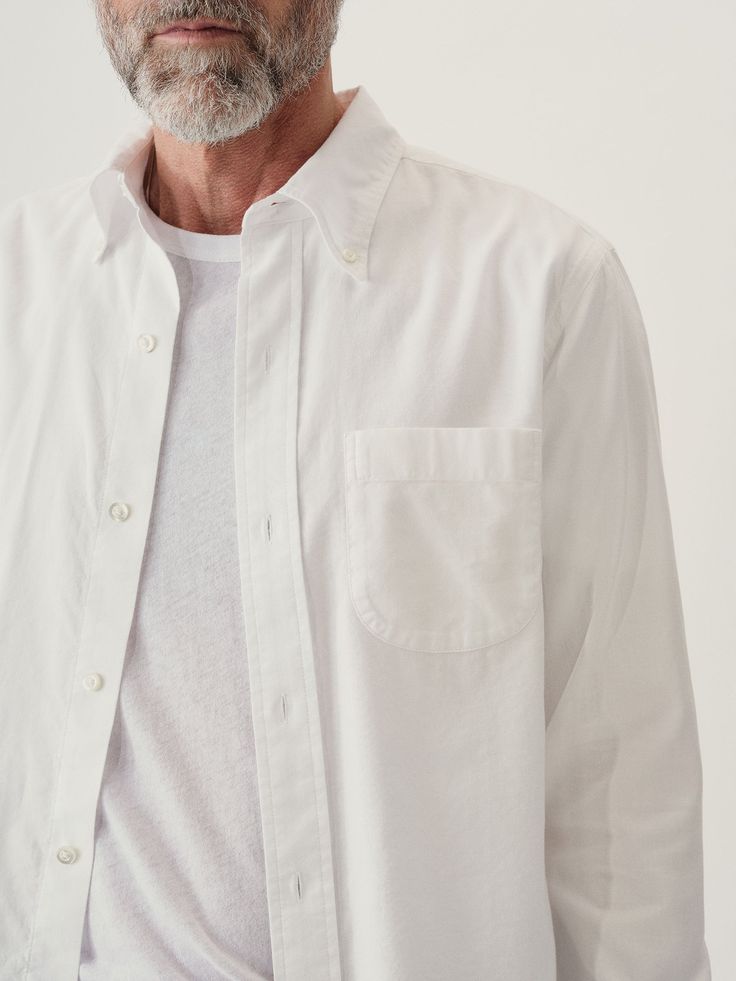 Our eased-up lightweight take on the classic American oxford cloth button-down. | Buck Mason Men's California Oxford One Pocket Shirt in White, Size Small Classic Dress Shirt For Everyday Spring Wear, Classic Everyday Dress Shirt For Spring, Casual Dress Shirt With Relaxed Fit For Everyday, Casual Relaxed Fit Dress Shirt For Everyday, Classic White Dress Shirt With Pockets, Casual Dress Shirt With Spread Collar For Everyday, Casual Everyday Dress Shirt With Spread Collar, Classic White Shirt With Welt Pockets, Classic Shirt With Welt Pockets For Everyday