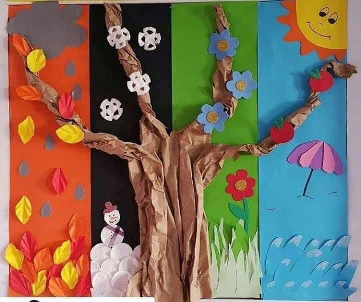 a tree made out of paper with flowers and umbrellas on it