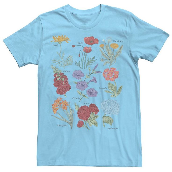 a blue t - shirt with various flowers on the front and back, all in different colors