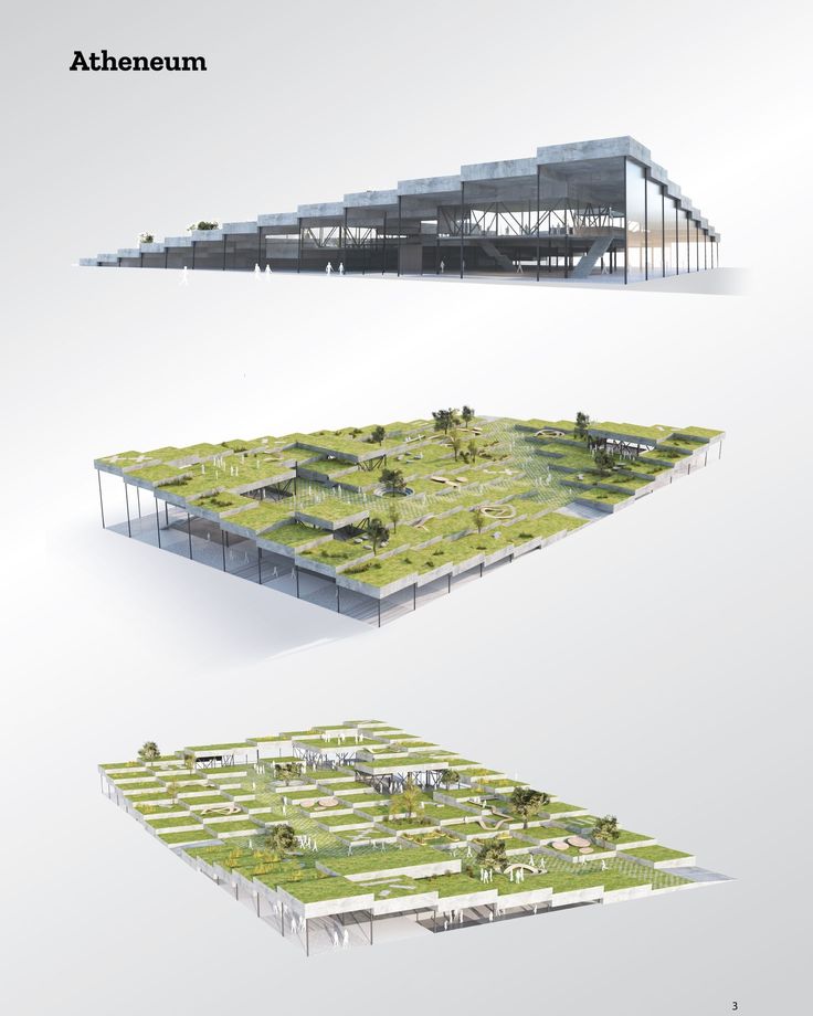 three different views of a building with grass growing on the roof and in the ground