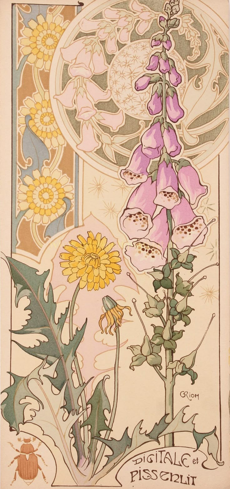 a drawing of flowers and leaves on a white background with an ornate border around it