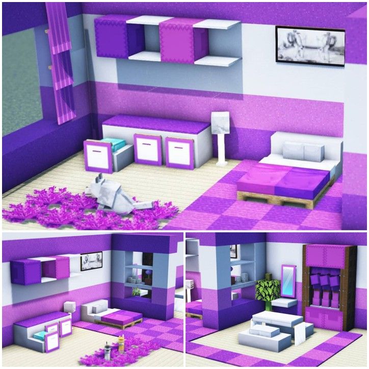 the interior of a purple and white room is shown in three different views, including one with