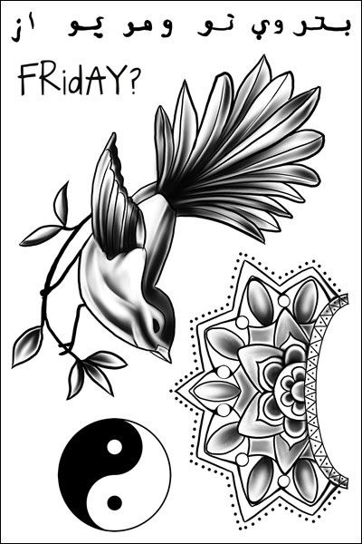 a black and white drawing of a bird on a branch with the word friday written in arabic