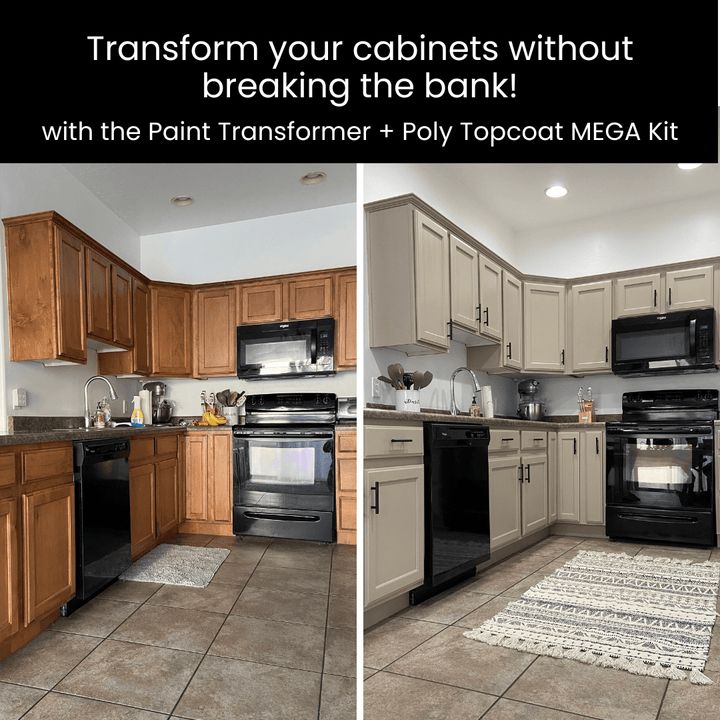 two pictures show the same kitchen before and after remodeling with paint transformer + poly topcoat meca kit