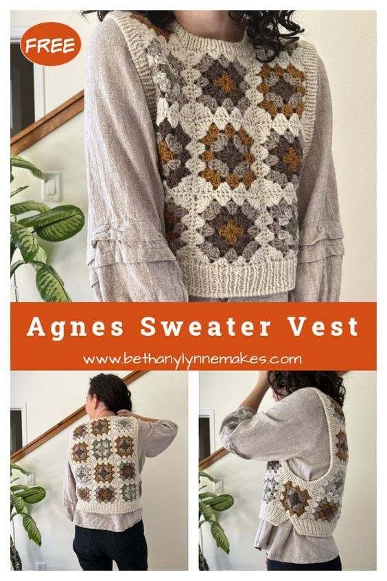 a woman wearing a sweater with crochet on it and text that reads agness sweater vest